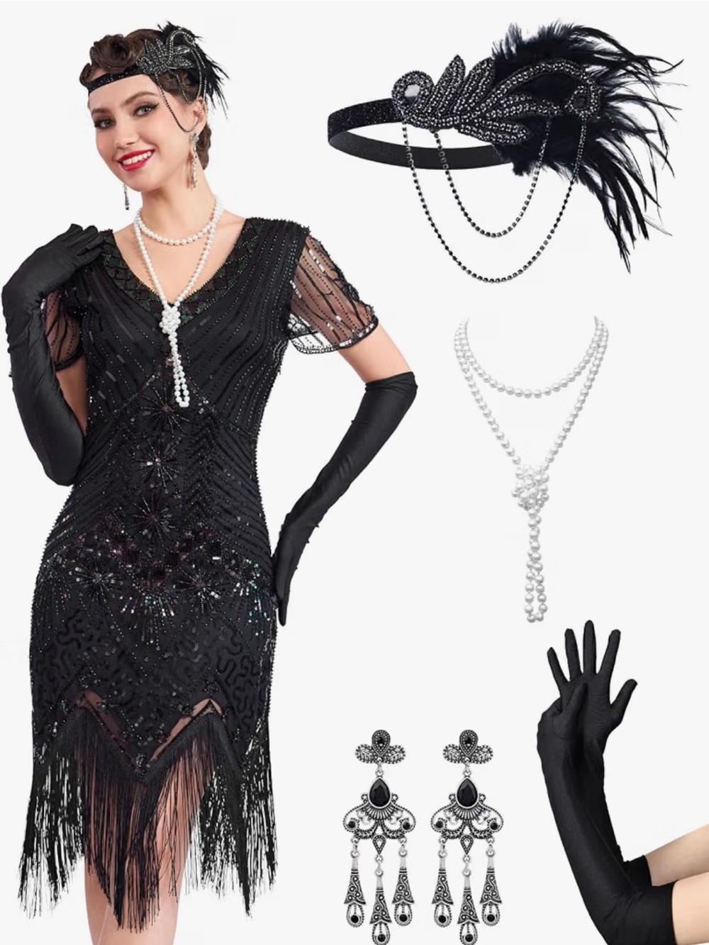 1920s inspired flapper dress costume  Black